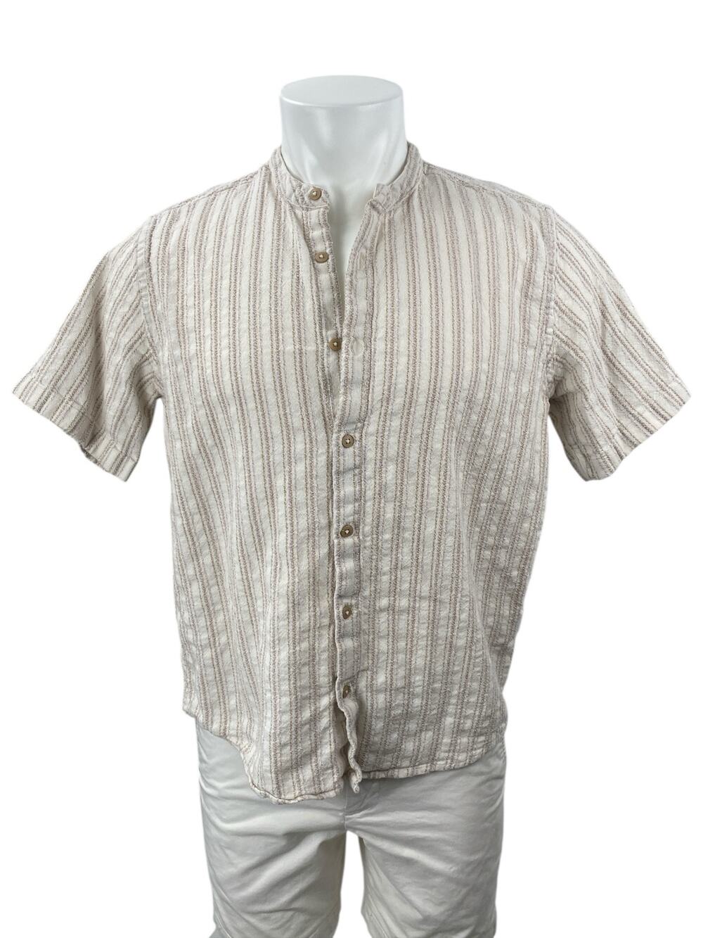 E.T.A Men's Beige Striped Relaxed Fit Short Sleeve Button Down Shirt Top Size M